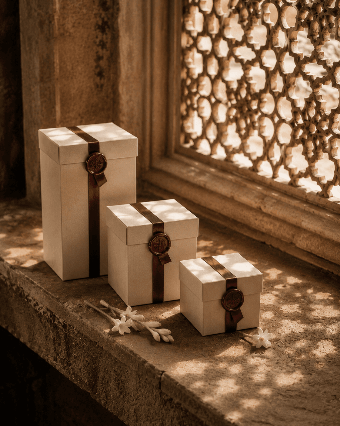 Three ivory hampers with oxblood ribbons on a sandstone haveli windowsill